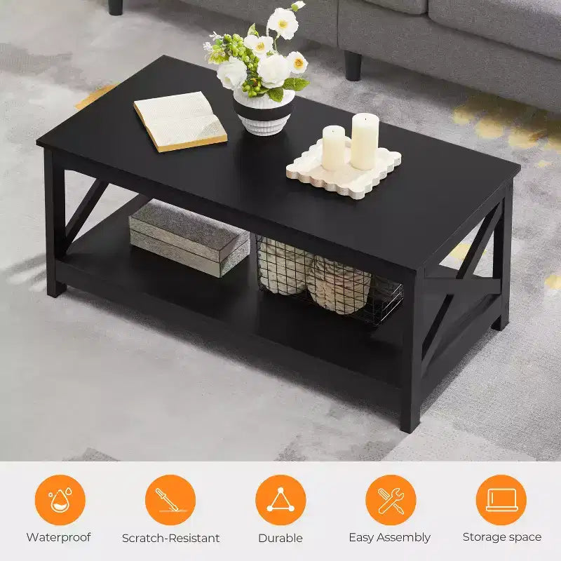 Table basse à 2 étages en bois avec étagère de rangement pour salon