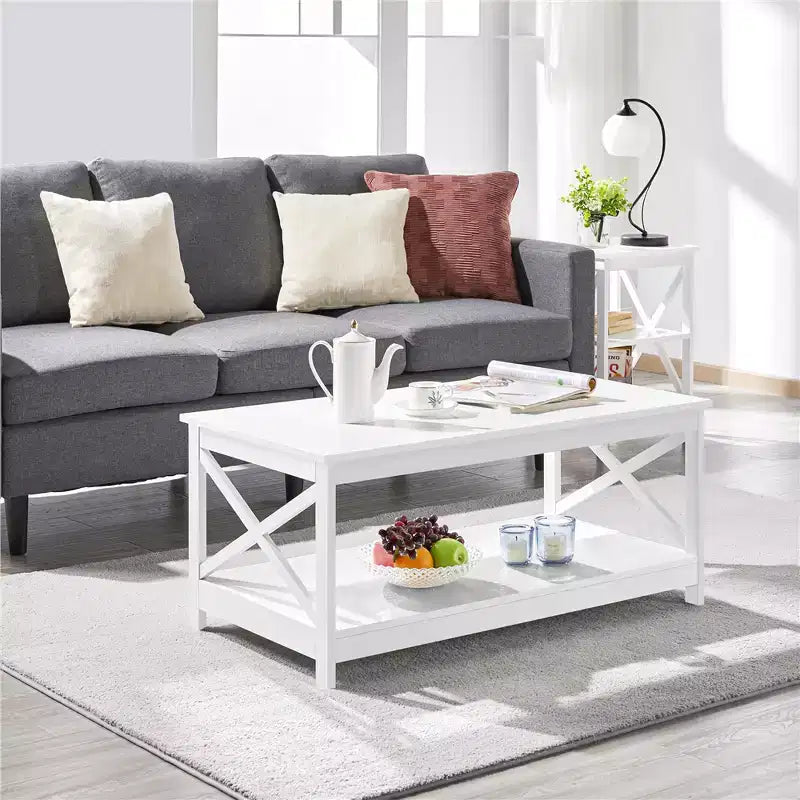 Table basse à 2 étages en bois avec étagère de rangement pour salon