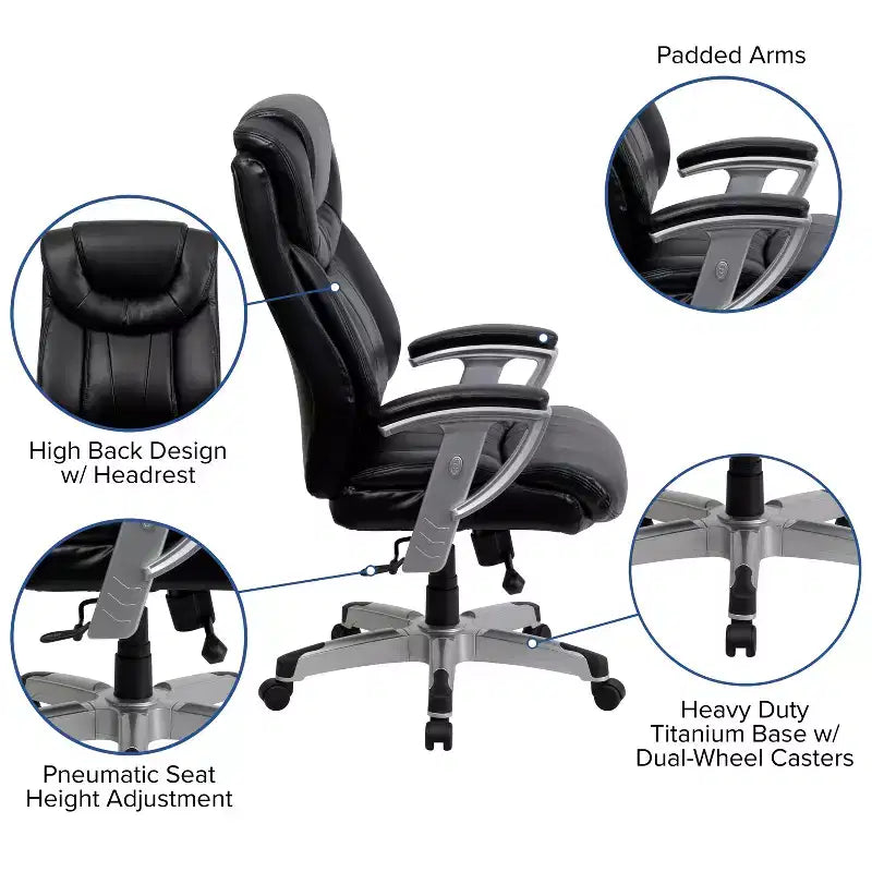 Chaise de bureau ergonomique à dossier haut pour grandes tailles avec accoudoirs réglables argentés