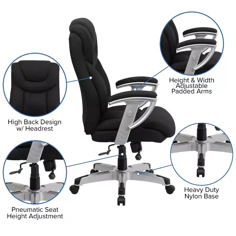 Chaise de bureau ergonomique à dossier haut pour grandes tailles avec accoudoirs réglables argentés