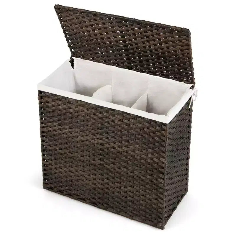 Panier à linge 3 sections avec couvercle et poignées en rotin PE