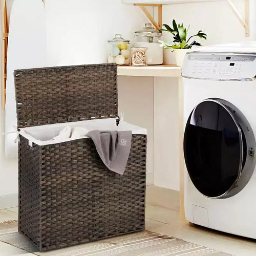 Panier à linge 3 sections avec couvercle et poignées en rotin PE