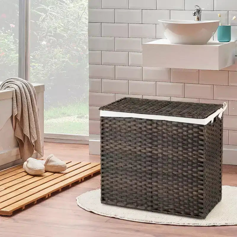 Panier à linge 3 sections avec couvercle et poignées en rotin PE