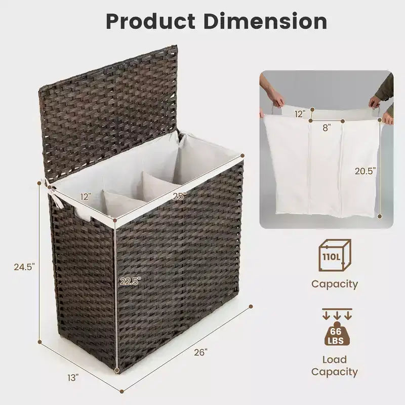 Panier à linge 3 sections avec couvercle et poignées en rotin PE