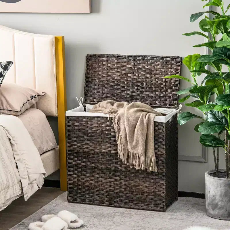 Panier à linge 3 sections avec couvercle et poignées en rotin PE