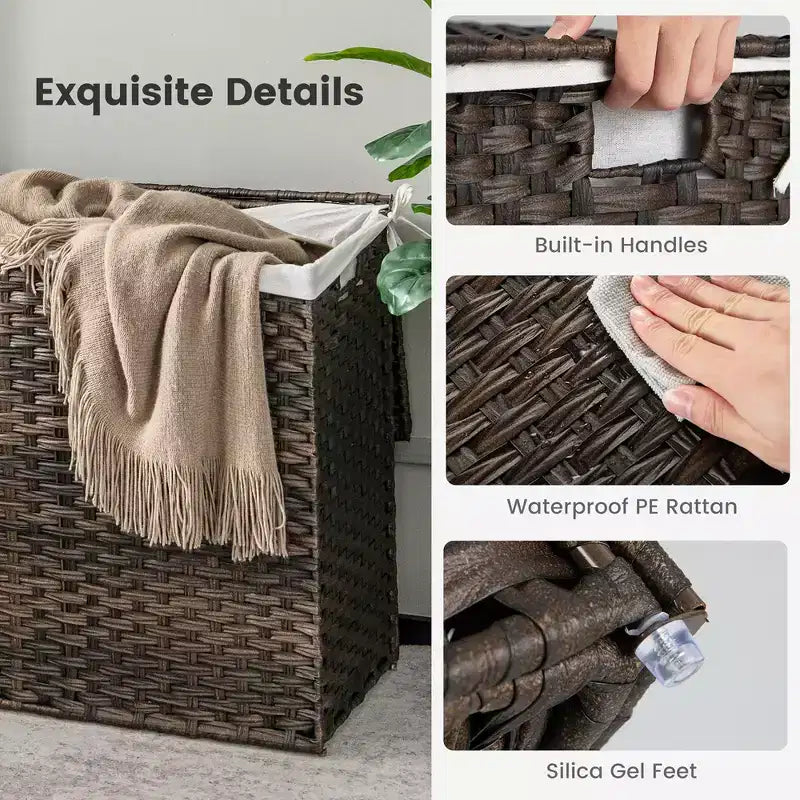 Panier à linge 3 sections avec couvercle et poignées en rotin PE