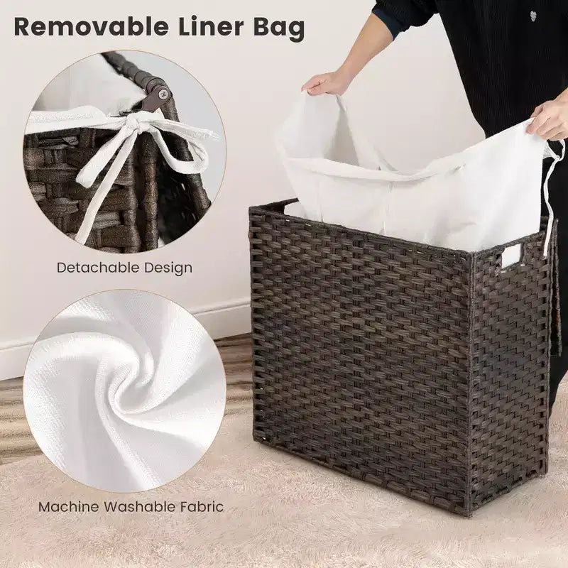 Panier à linge 3 sections avec couvercle et poignées en rotin PE