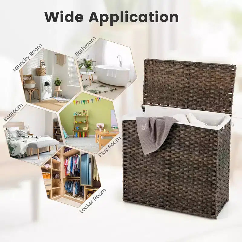 Panier à linge 3 sections avec couvercle et poignées en rotin PE