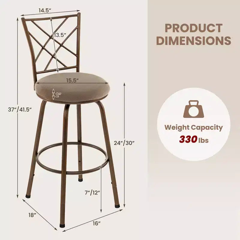 Lot de 2 tabourets de bar pivotants réglables Chaises de salle à manger en métal Marron