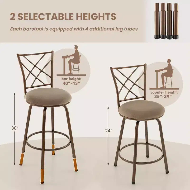 Lot de 2 tabourets de bar pivotants réglables Chaises de salle à manger en métal Marron