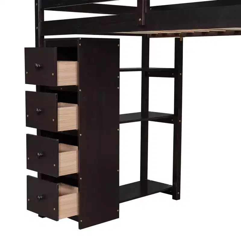 Lit mezzanine double en bois avec tiroirs de rangement, bureau et étagères