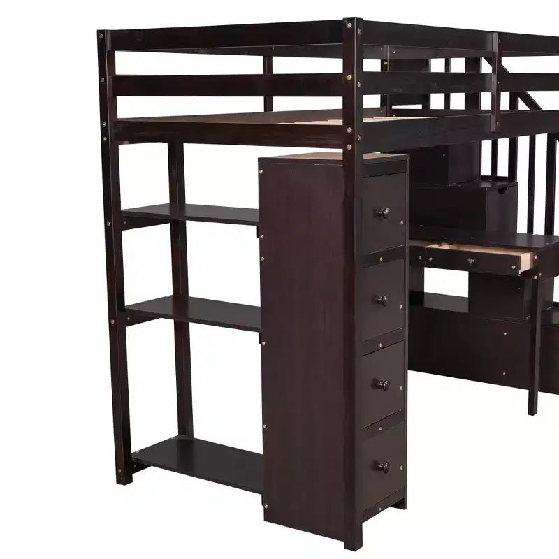 Lit mezzanine double en bois avec tiroirs de rangement, bureau et étagères
