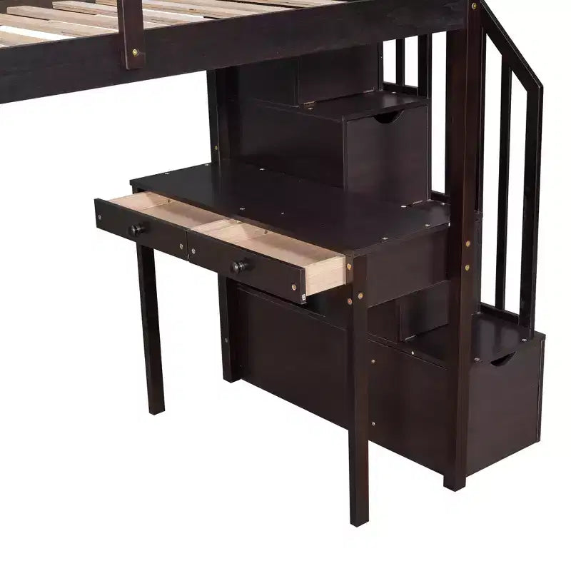 Lit mezzanine double en bois avec tiroirs de rangement, bureau et étagères