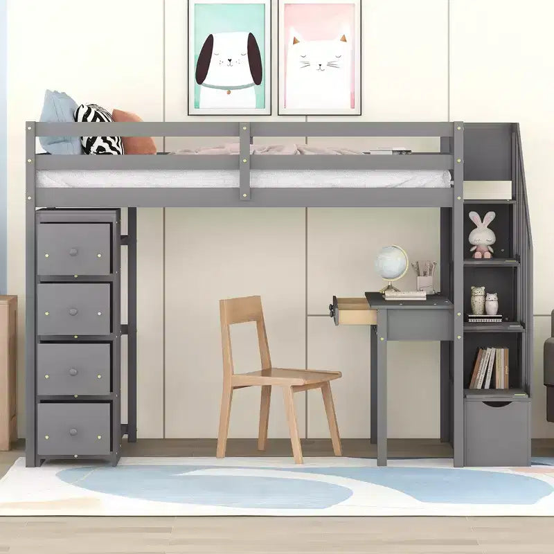 Lit mezzanine double en bois avec tiroirs de rangement, bureau et étagères