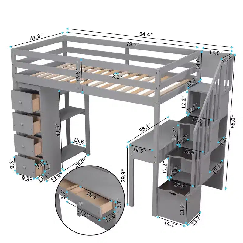 Lit mezzanine double en bois avec tiroirs de rangement, bureau et étagères