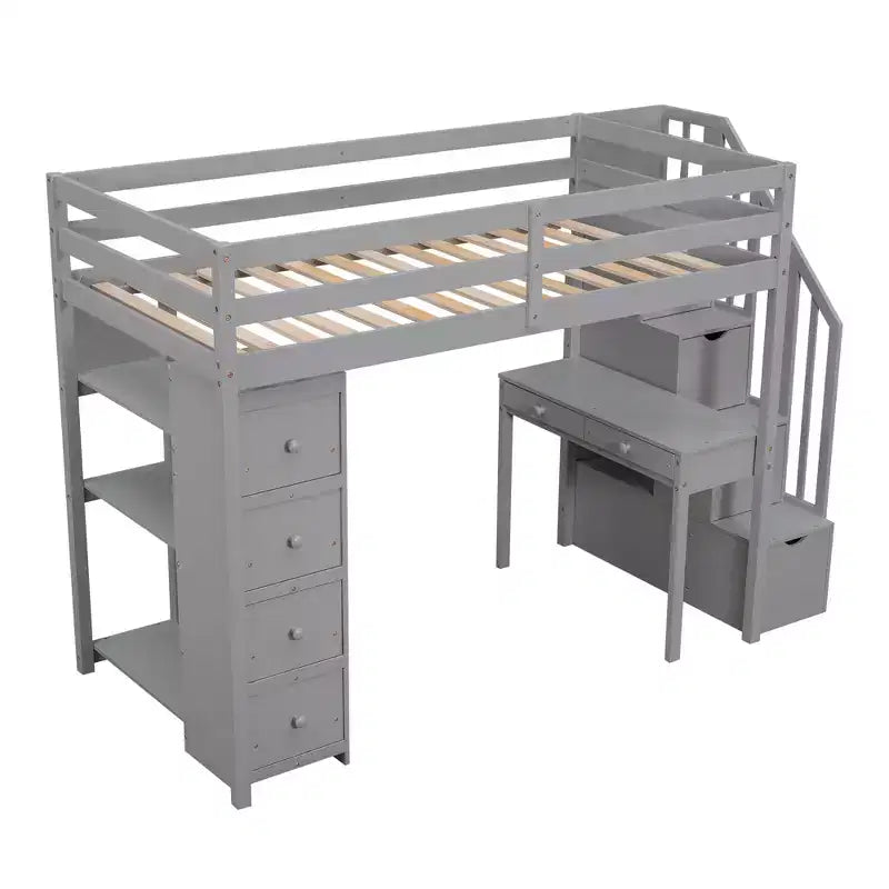 Lit mezzanine double en bois avec tiroirs de rangement, bureau et étagères