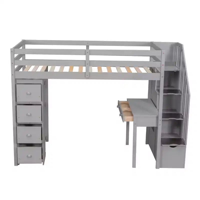 Lit mezzanine double en bois avec tiroirs de rangement, bureau et étagères