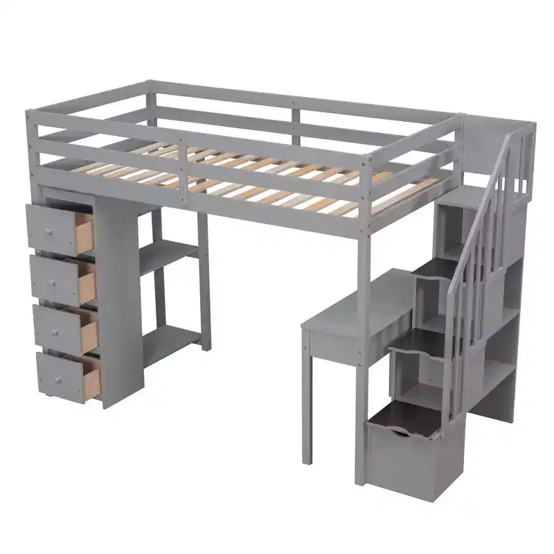 Lit mezzanine double en bois avec tiroirs de rangement, bureau et étagères