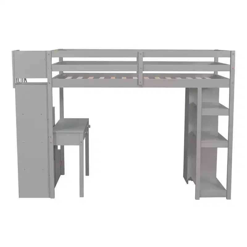 Lit mezzanine double en bois avec tiroirs de rangement, bureau et étagères
