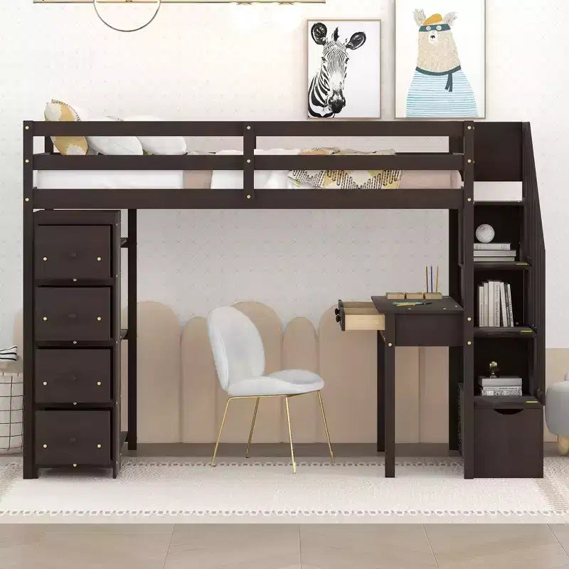 Lit mezzanine double en bois avec tiroirs de rangement, bureau et étagères