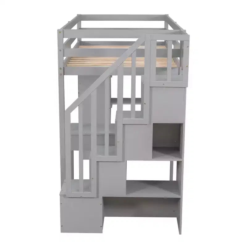 Lit mezzanine double en bois avec tiroirs de rangement, bureau et étagères