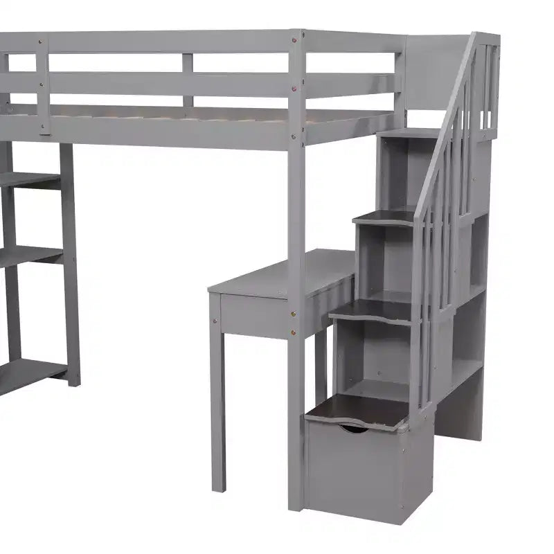Lit mezzanine double en bois avec tiroirs de rangement, bureau et étagères