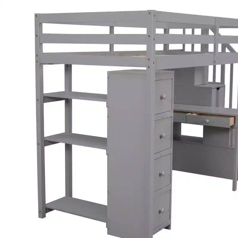 Lit mezzanine double en bois avec tiroirs de rangement, bureau et étagères