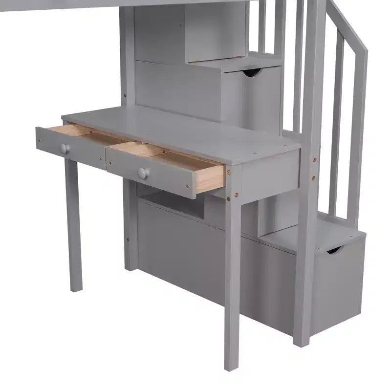 Lit mezzanine double en bois avec tiroirs de rangement, bureau et étagères