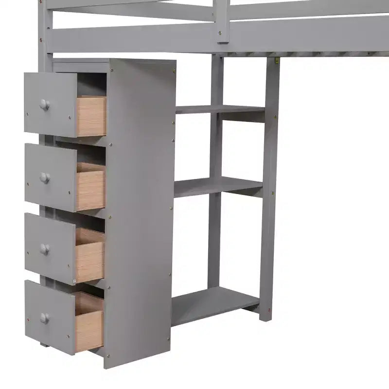 Lit mezzanine double en bois avec tiroirs de rangement, bureau et étagères