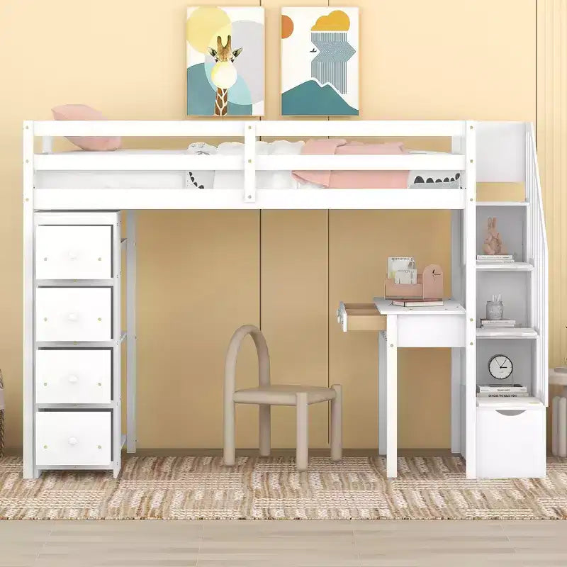Lit mezzanine double en bois avec tiroirs de rangement, bureau et étagères