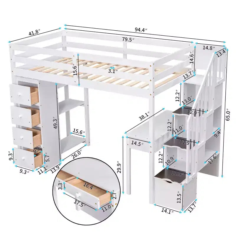 Lit mezzanine double en bois avec tiroirs de rangement, bureau et étagères