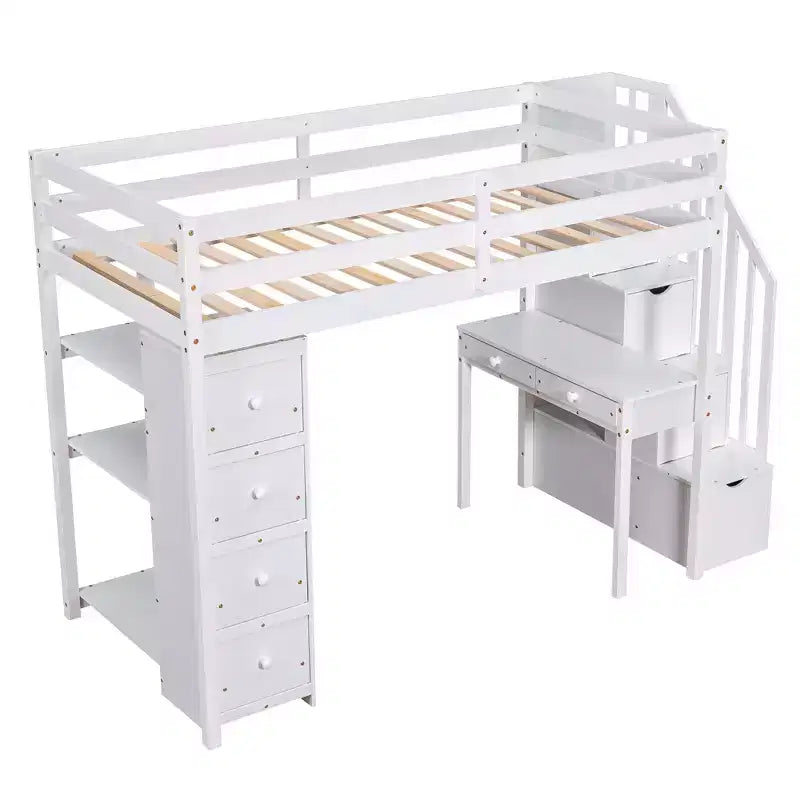 Lit mezzanine double en bois avec tiroirs de rangement, bureau et étagères