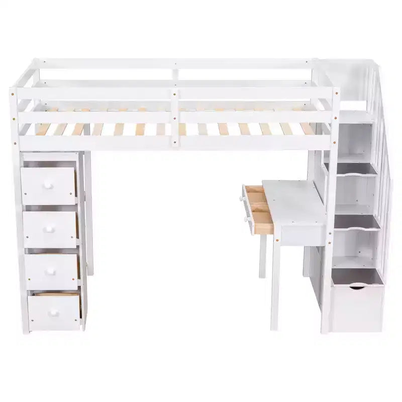 Lit mezzanine double en bois avec tiroirs de rangement, bureau et étagères