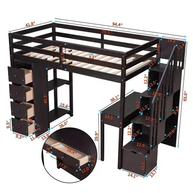 Lit mezzanine double en bois avec tiroirs de rangement, bureau et étagères