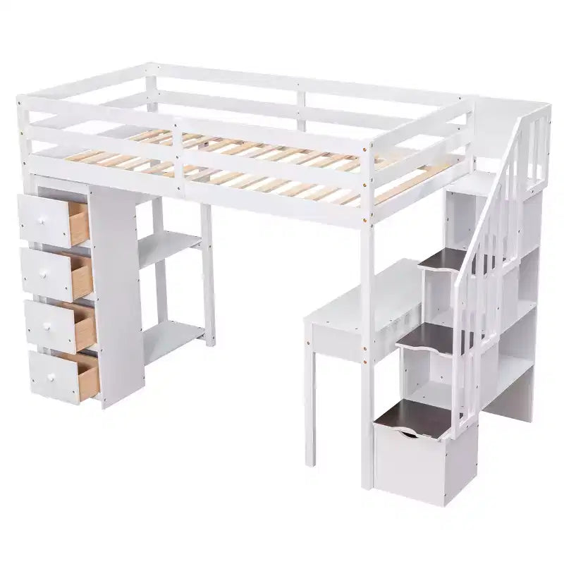 Lit mezzanine double en bois avec tiroirs de rangement, bureau et étagères