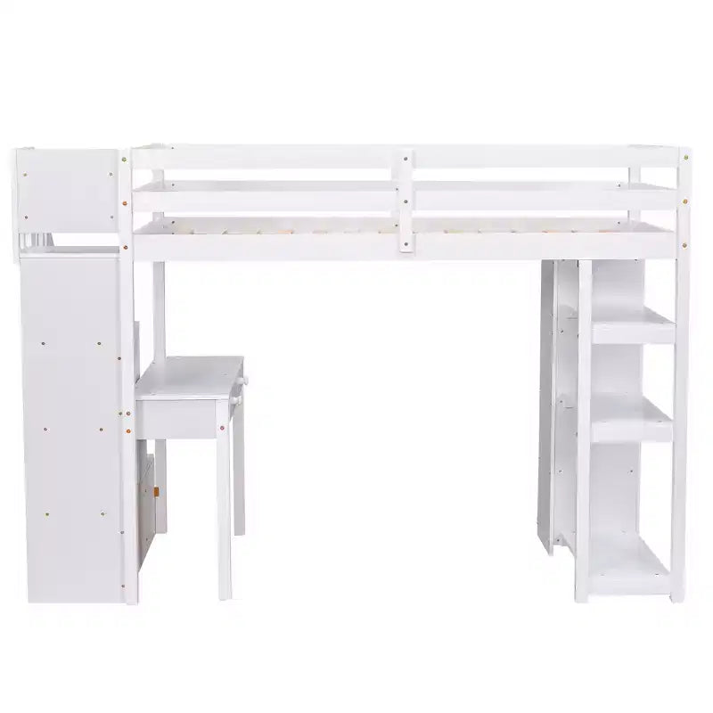 Lit mezzanine double en bois avec tiroirs de rangement, bureau et étagères
