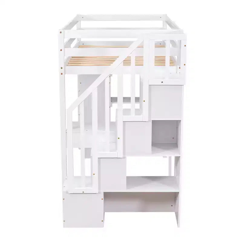 Lit mezzanine double en bois avec tiroirs de rangement, bureau et étagères