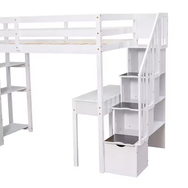 Lit mezzanine double en bois avec tiroirs de rangement, bureau et étagères