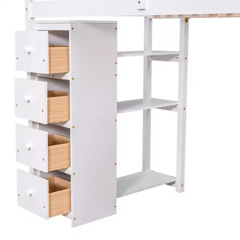 Lit mezzanine double en bois avec tiroirs de rangement, bureau et étagères