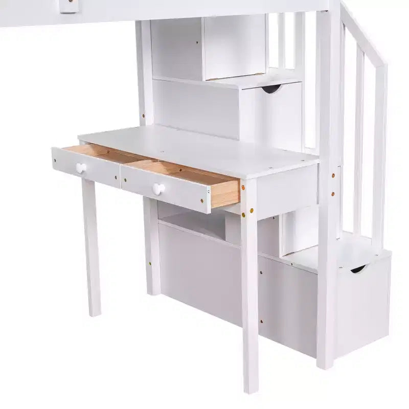 Lit mezzanine double en bois avec tiroirs de rangement, bureau et étagères