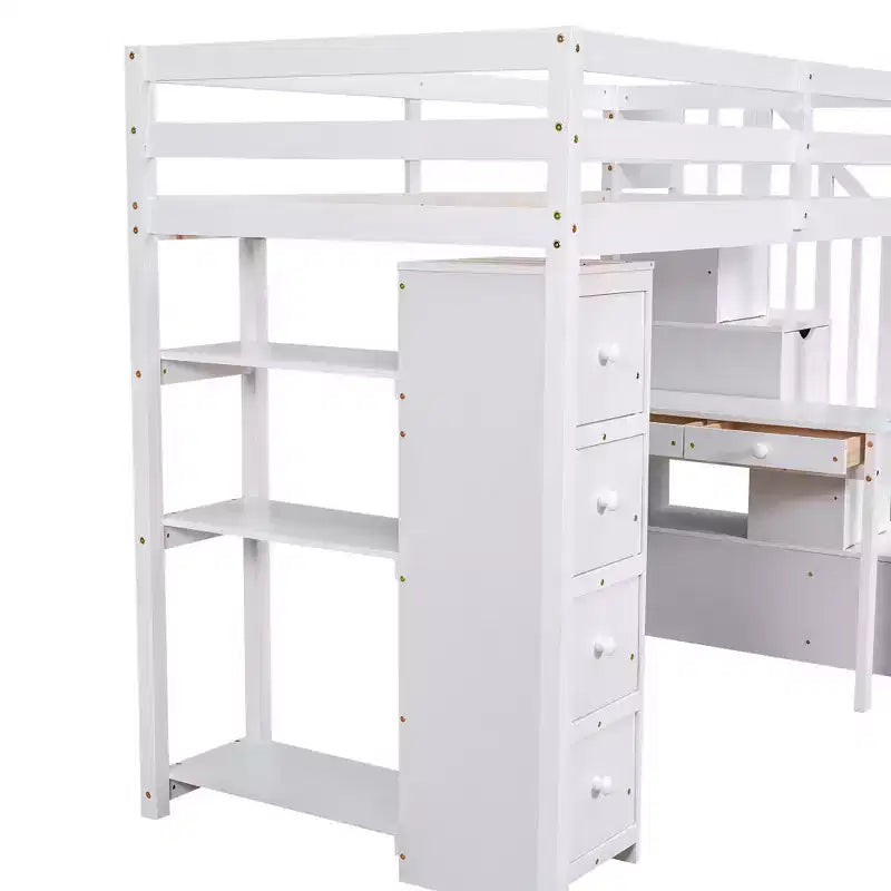 Lit mezzanine double en bois avec tiroirs de rangement, bureau et étagères