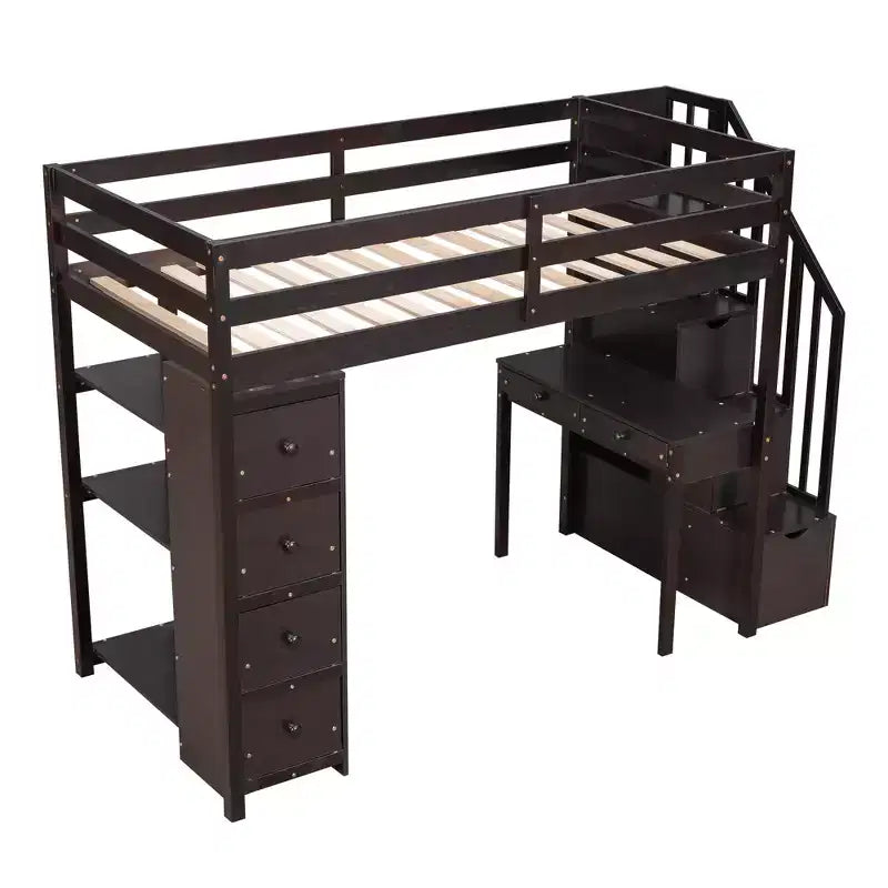 Lit mezzanine double en bois avec tiroirs de rangement, bureau et étagères