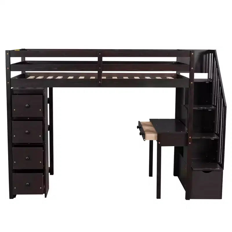 Lit mezzanine double en bois avec tiroirs de rangement, bureau et étagères
