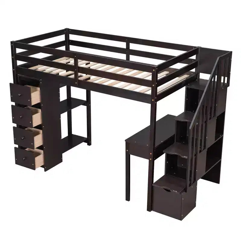 Lit mezzanine double en bois avec tiroirs de rangement, bureau et étagères