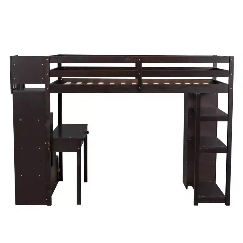 Lit mezzanine double en bois avec tiroirs de rangement, bureau et étagères