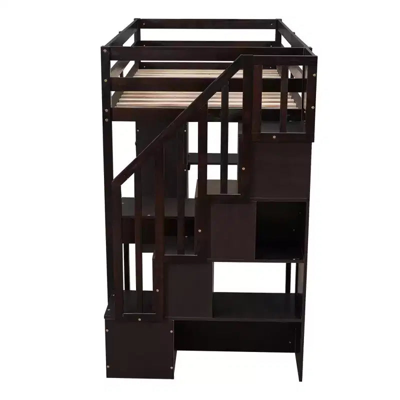 Lit mezzanine double en bois avec tiroirs de rangement, bureau et étagères