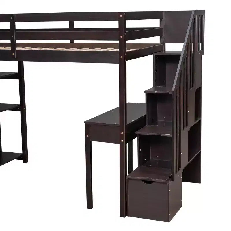 Lit mezzanine double en bois avec tiroirs de rangement, bureau et étagères