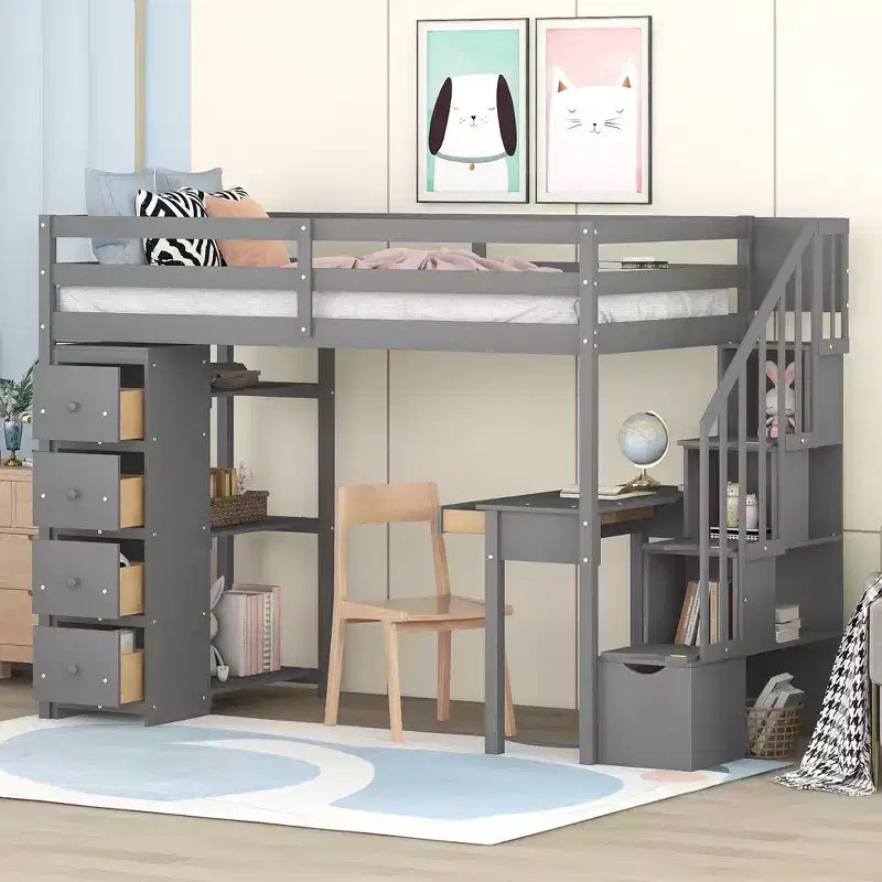 Lit mezzanine double en bois avec tiroirs de rangement, bureau et étagères