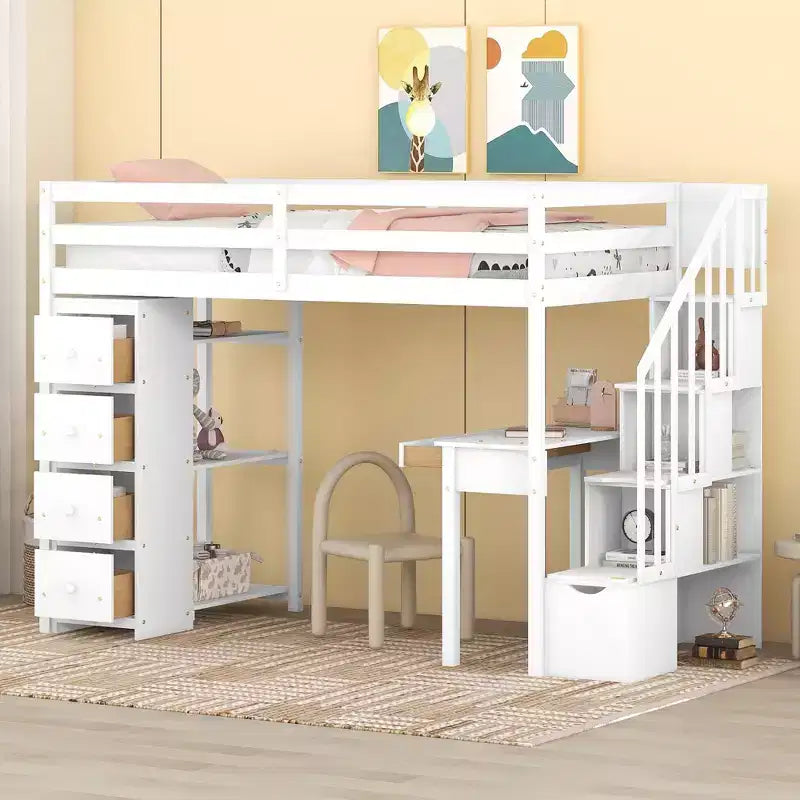 Lit mezzanine double en bois avec tiroirs de rangement, bureau et étagères