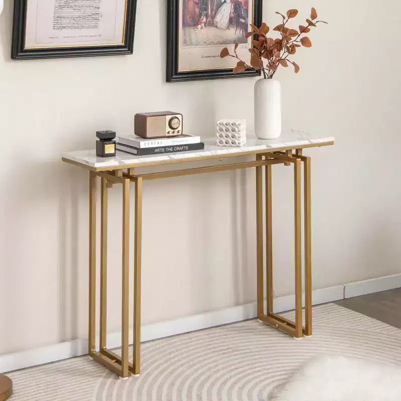 Console Table Effet Marbre, Table d'Entrée pour Canapé avec Pieds en Métal pour Salon